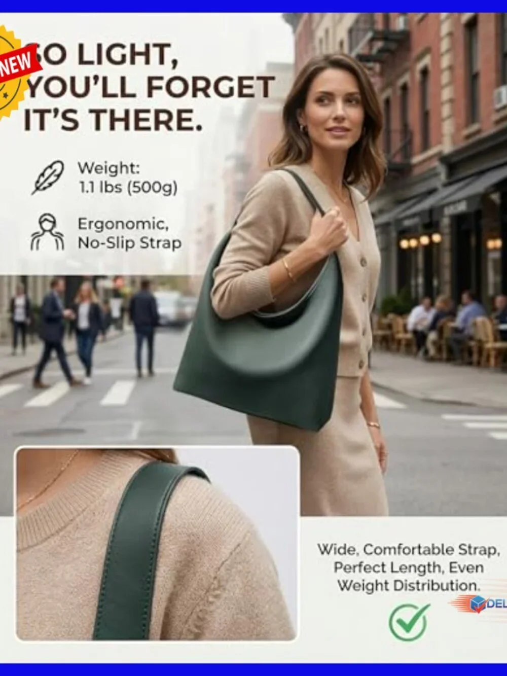 Large Vegan Leather Hobo Tote with Full Zip and Center Divider